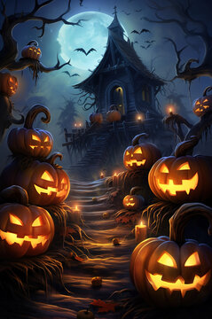 Beautiful painted concept of a Magical Halloween Scene with Jack o Lanterns (carved and lit pumpkins), Haunted Houses, the Moon, Mist and Bats