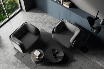 Gray and blue living room with armchairs, top view - obrazy, fototapety, plakaty