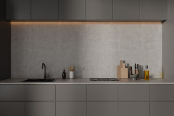 Fototapeta na wymiar Gray cabinets and sink in modern kitchen