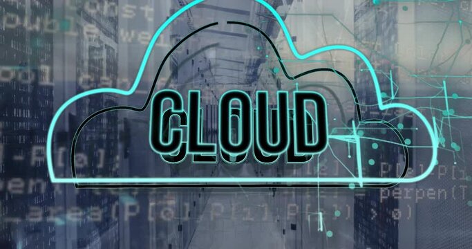 Animation of cloud text in cloud and computer language over data server room