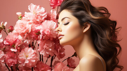 Girl With pink Flowers.Beauty Model Woman Face. Professional Make-up.Makeup. Fashion Art