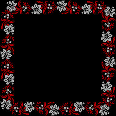 Vector illustration of Ukrainian floral ornament in ethnic style, identity, vyshyvanka, embroidery for print clothes, websites, banners. Background. Geometric design, border, copy space, frame