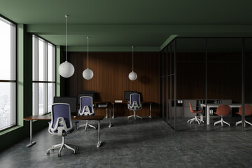 Fototapeta premium Dark office interior with work desk and chairs, coworking and conference room