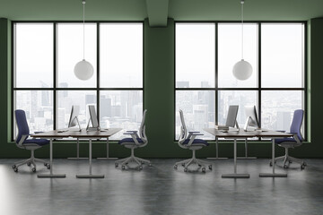 Green open space office interior with windows