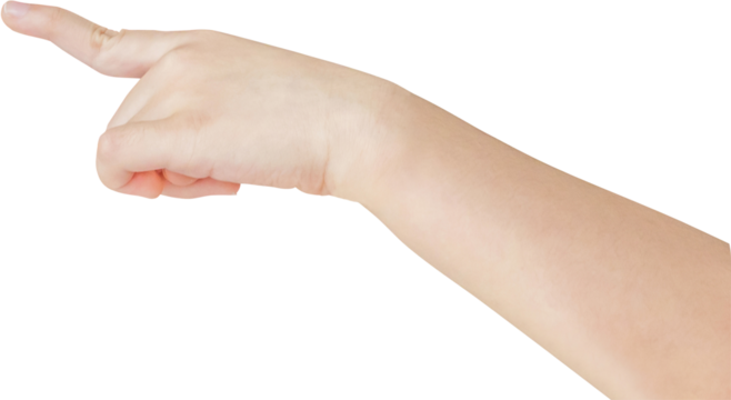 Kid hand touching or pointing to something isolated on white background