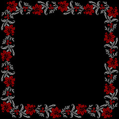 Vector illustration of Ukrainian floral ornament in ethnic style, identity, vyshyvanka, embroidery for print clothes, websites, banners. Background. Geometric design, border, copy space, frame