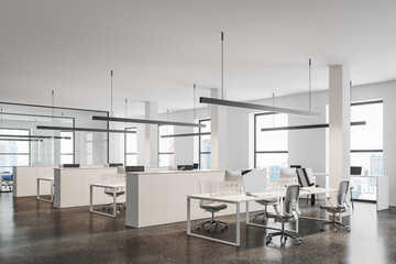 White open space office corner with columns