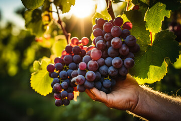 Quality check of ripe grapes at a sun-kissed vineyard destined for premium wine production 