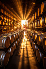 Sunlit winery showcasing rows of wine-filled barrels in the aging process 