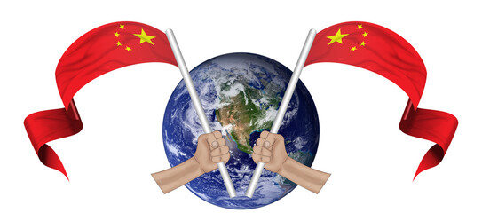 3D illustration. Hand holding flag of China on a fabric ribbon of the world background.