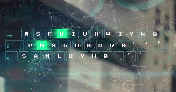 Animation of moving pattern on keyboard, connected dots, graphs, trading board over building