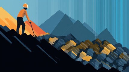 Miner looking at the crushed rock in the mountains illustration