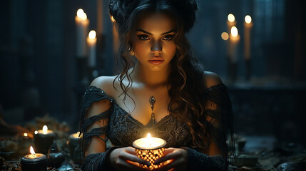 Mystical beautiful woman in a gothic costume of a medieval vampire in rose flower in her hands.. Halloween party image