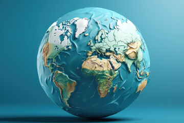 Globe on a blue background. Earth map 3D. Concept of protecting and saving the earth and environment. Ecosystem