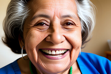 Smiling portrait of a happy senior latin or mexican woman in a nursing home. Close up