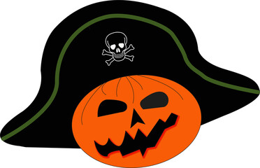 Citrouille en portrait d'halloween avec chapeau de pirate sur fond blanc	