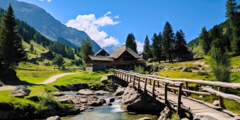 A wooden bridge to an old house over a stream with scenery mountains on a background. Generative AI