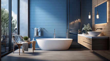 Fototapeta na wymiar Comfortable bathtub and vanity with basin standing in modern bathroom with blue and wooden walls and wooden floor. Generative AI