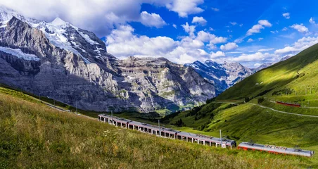 Foto auf Glas Idyllic swiss landscape scenery. Green pastures, snowy peaks of Alps mountains and railway road with passing train. Kleine Scheidegg station, Switzerland © Freesurf