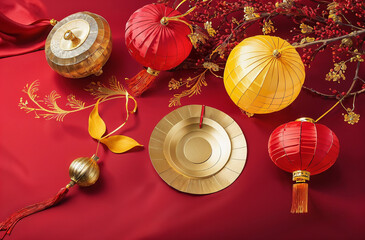 Chinses new years Decoration on red Background - obrazy, fototapety, plakaty