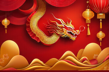 Chinese golden dragon and background images for the Chinese New Year festival on red silk