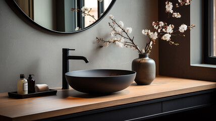 Close up chic bathroom with oval sink, empty countertop, wooden vanity, black framed mirror, flower and grey wall. Generative AI