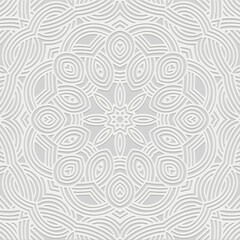Fototapeta premium Embossed white background, cover design. Geometric ethnic floral 3D pattern, press paper, leather. Handmade, artistic mandala. Boho, motifs of the East, Asia, India, Mexico, Aztec, Peru.