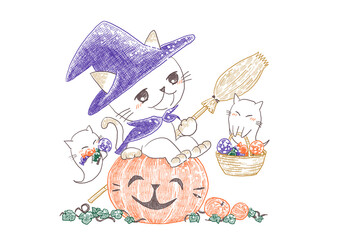 ハロウィンのカボチャに座った魔法使い風ネコとお菓子を持ったオバケたち