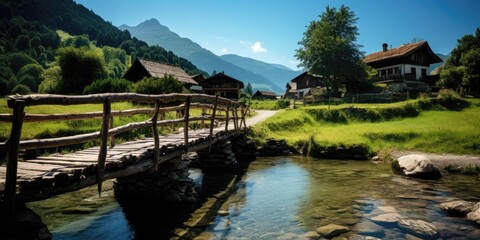 Fototapeta premium A wooden bridge to an old house over a stream with scenery mountains on a background. Generative AI
