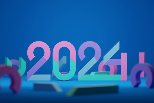 Welcome creative concept 2024. Happy New Year 2024. Outstanding 3D text on black background, 3D illustration