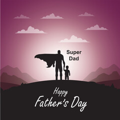 happy father's day with silhouette of super dad and son on purple background