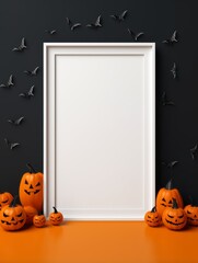A blank white frame Halloween for design and photo with pumpkin and flying bat isolated in black background
