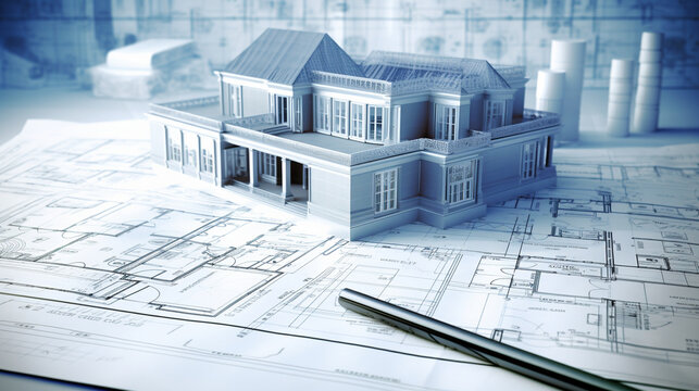 A real estate developer's blueprint and architectural plans as a background