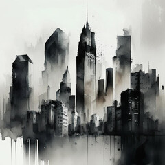 City scape watercolor painting in black and grey colors. Abstract buildings in city on watercolor painting.