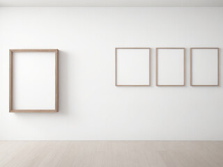 3d rendering of blank picture frame on white wall and wooden floor.