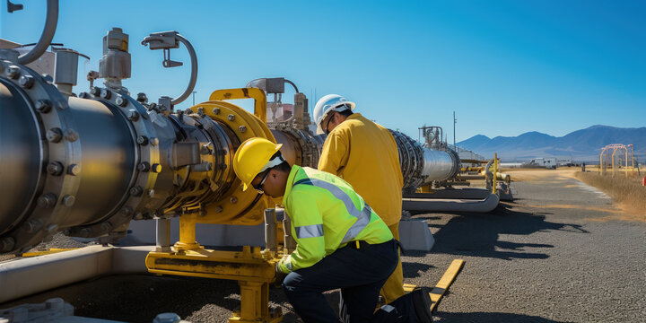 Two workers check connections and shut-off valves of a real gas pipeline near a gas distribution station.