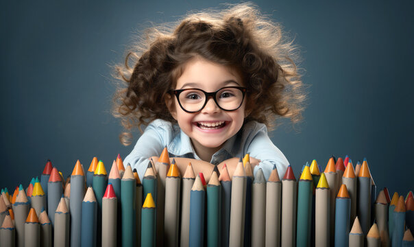 Girl kid with pencil and glasses