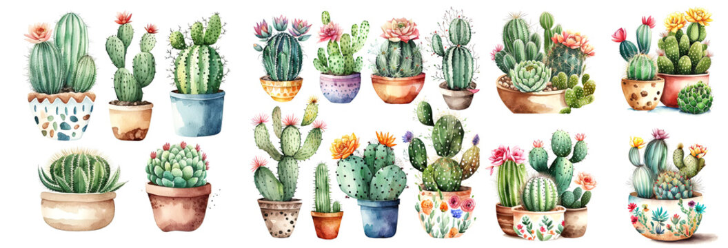 cactus flowers in pots in watercolor style © iDoPixBox