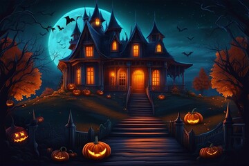 Fototapeta na wymiar Halloween Full moonlight and haunted house with pumpkins. Witch's house. Halloween concept. Generative AI