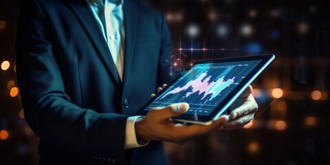 Businessman holding tablet and analysis stock market, currency exchange and banking, showing a growing virtual hologram of statistics, graph and chart. Planing and strategy concept.