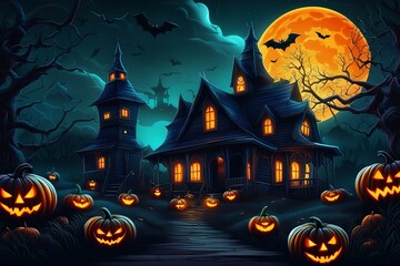 Fototapeta na wymiar Halloween Full moonlight and haunted house with pumpkins. Witch's house. Halloween concept. Generative AI