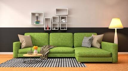 Stylish living room interior with comfortable green sofa