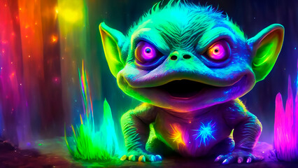 flourecent glowing troll with rainbow colors