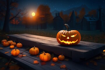 Halloween Full moonlight and haunted pumpkins on wooden table. Halloween concept. Generative AI