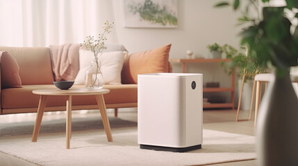 Air purifier in cozy white living room for filter and cleaning removing dust PM2.5 HEPA and virus in home. Generative Ai