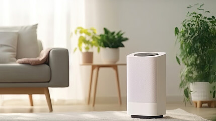 Air purifier in cozy white living room for filter and cleaning removing dust PM2.5 HEPA and virus in home. Generative Ai