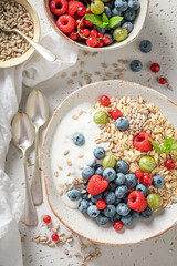 Sweet and fresh oats with seeds and berry fruits.