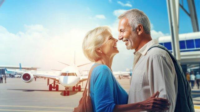 An elderly couple embraces lovingly at the airport, embodying the essence of senior travel and global exploration. Generative ai