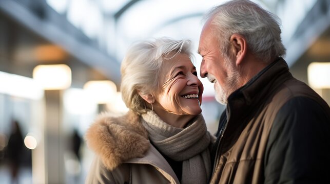An elderly couple embraces lovingly at the airport, embodying the essence of senior travel and global exploration. Generative ai.
