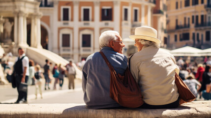 Fototapeta premium Cityscape stroll: senior travelers embracing local culture, amidst iconic landmarks. Generative ai.
